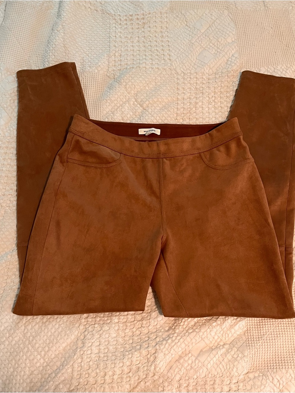 Max Studio Suede-Look Skinny Ponte Pants in Brown color
